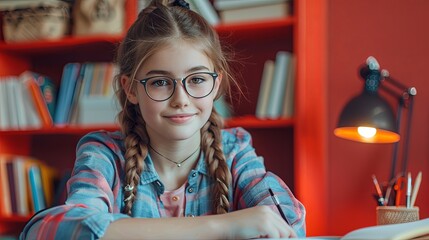 Beautiful schoolgirl in a shirt, wearing glasses, writing in a notebook, near books, a lamp on the table, smiling, on a red background
