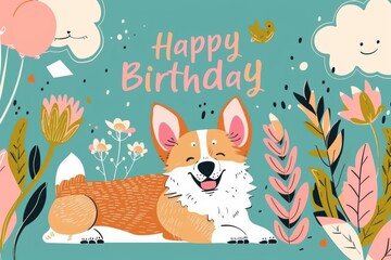 happy birthday greeting card with adorable corgi dog and flowers flat illustration peach fuzz turquoise pastel color