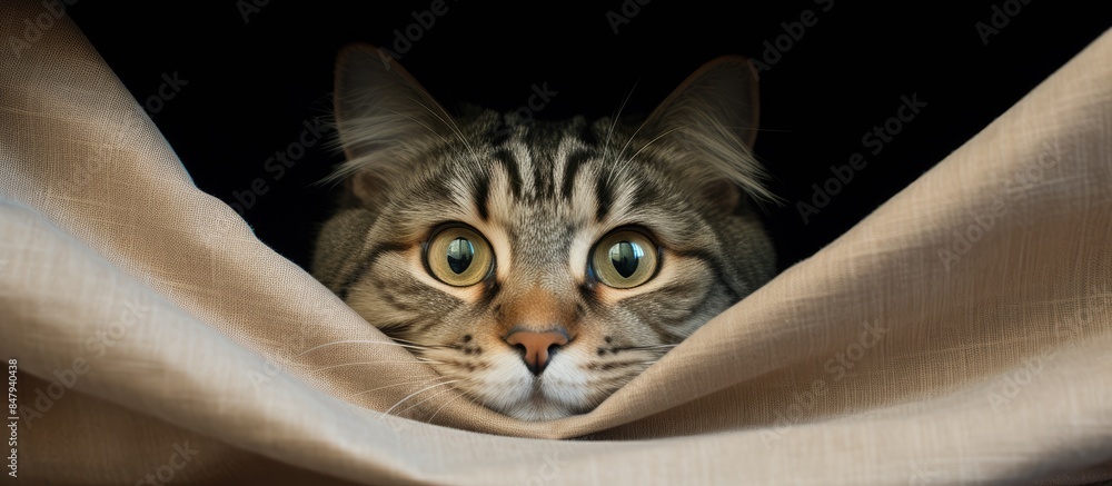 Poster cat on the window behind the curtain. creative banner. copyspace image