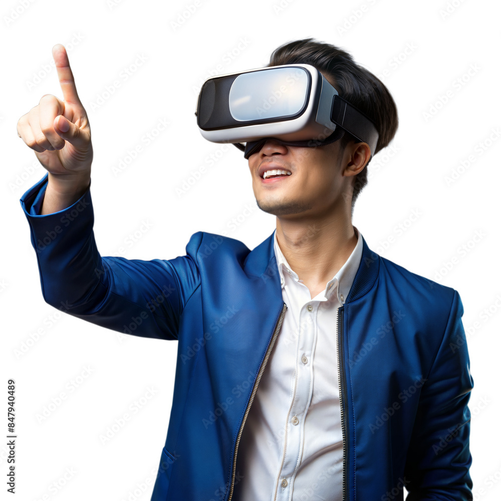 Poster man experiencing virtual reality with vr headset on transparent background