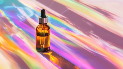 Brown glass dropper bottle cast rainbow reflections on pink surface