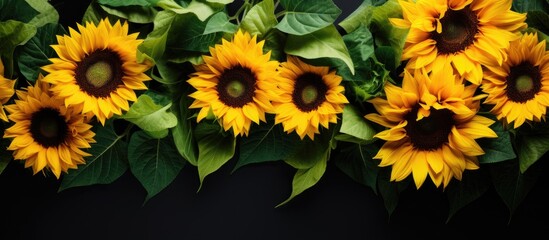 sun flowers with green leafs. Creative banner. Copyspace image