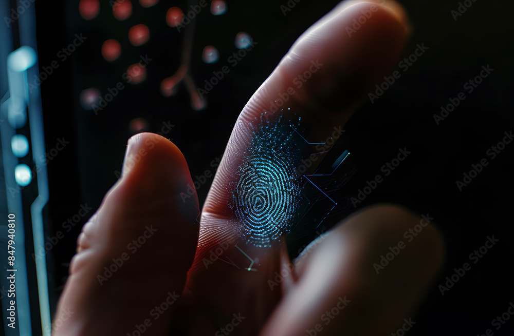 Poster businessman scan fingerprint biometric identity and approval. concept of the future of security and 