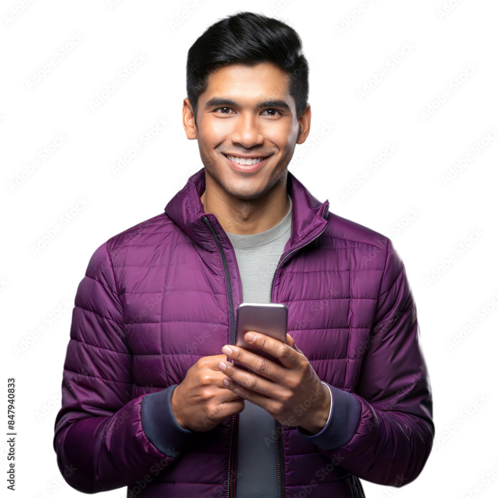 Poster smiling man using smartphone in purple jacket on transparent background