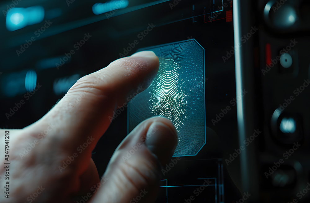 Poster businessman scan fingerprint biometric identity and approval. concept of the future of security and 