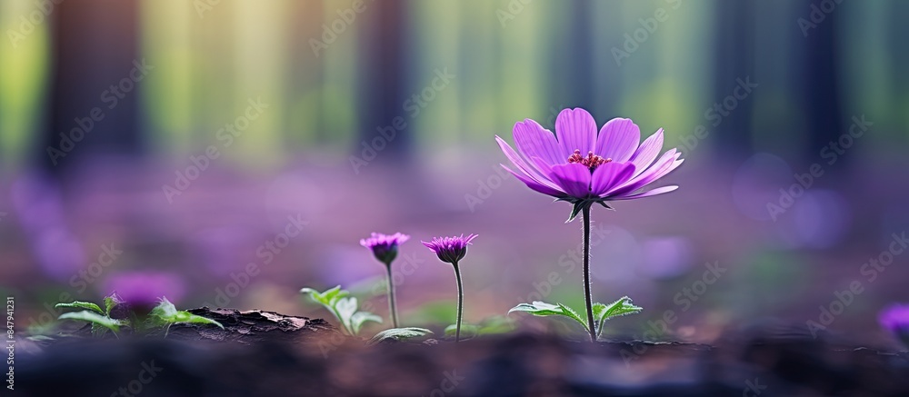 Poster close up view purple flower growth on forest field with blur background. creative banner. copyspace 
