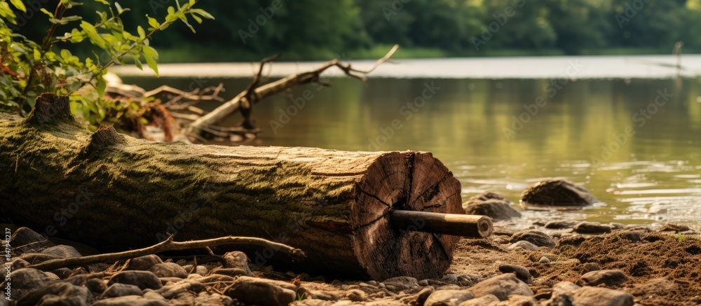 Sticker The trunk of a fallen tree with a suvel on the river bank. Creative banner. Copyspace image