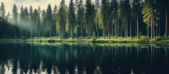 Trees in the forest by the lake with reflection. Creative banner. Copyspace image