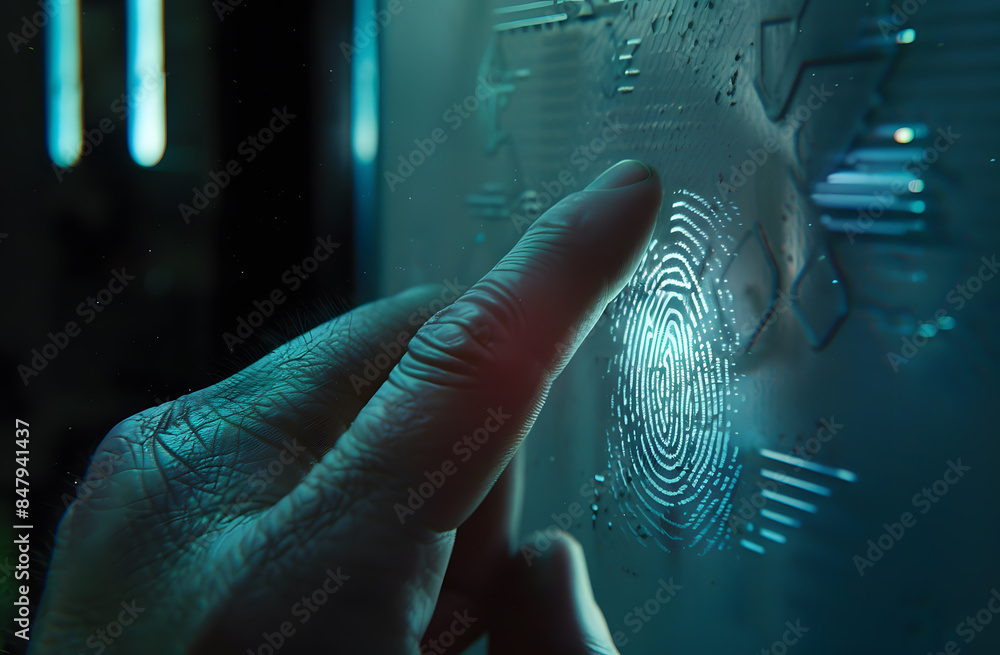 Poster businessman scan fingerprint biometric identity and approval. concept of the future of security and 