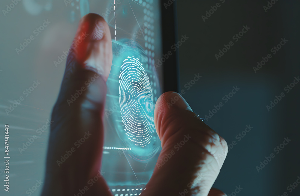 Poster businessman scan fingerprint biometric identity and approval. concept of the future of security and 