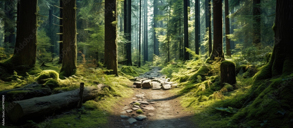 Poster hiking trail and hiking markers on the trees in the forest. creative banner. copyspace image