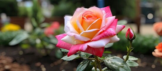 Beautiful flower photo one rose image White pink with orange rose picture one colored blossom Rose petal in close up Colored rose in the fairy garden Love and romance in the home. Creative banner