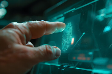 Fototapeta premium businessman scan fingerprint biometric identity and approval. concept of the future of security and password control through fingerprints in an immersive technology future and cybernetic,