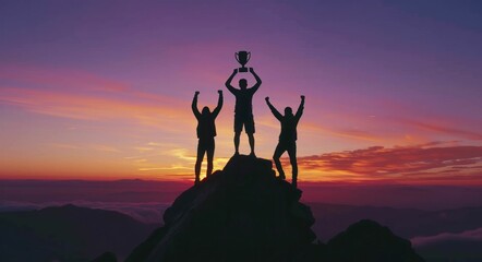 Fototapeta premium Three people celebrating victory on mountain top with trophy under colorful sunset sky