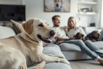 Happy golden retriever lying on a couch with family members in the background.