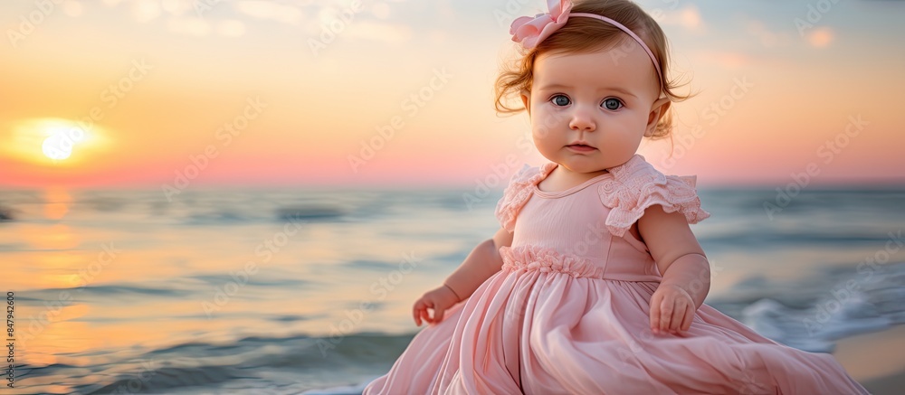 Canvas Prints portrait of cute baby in pink dress on ocean beach with sunset sunshine. creative banner. copyspace 