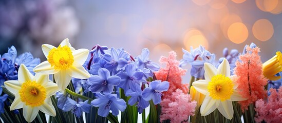 Blossoming white and light yellow daffodils pink hyacinths and spring flowers festive background bright springtime bouquet floral card selective focus shallow DOF. Creative banner. Copyspace image