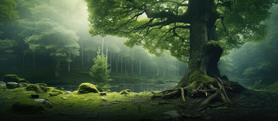 tree at a forest photo. Creative banner. Copyspace image