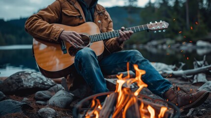 Fototapeta premium Cozy campfire guitarist, acoustic guitar and warm flames. Outdoor music lifestyle, rustic camping scene for travel branding