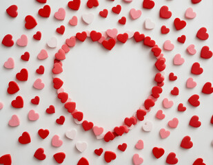 Red and pink hearts arranged in a heart shape on a white surface.Valentine's Day, holiday, wedding, engagement.