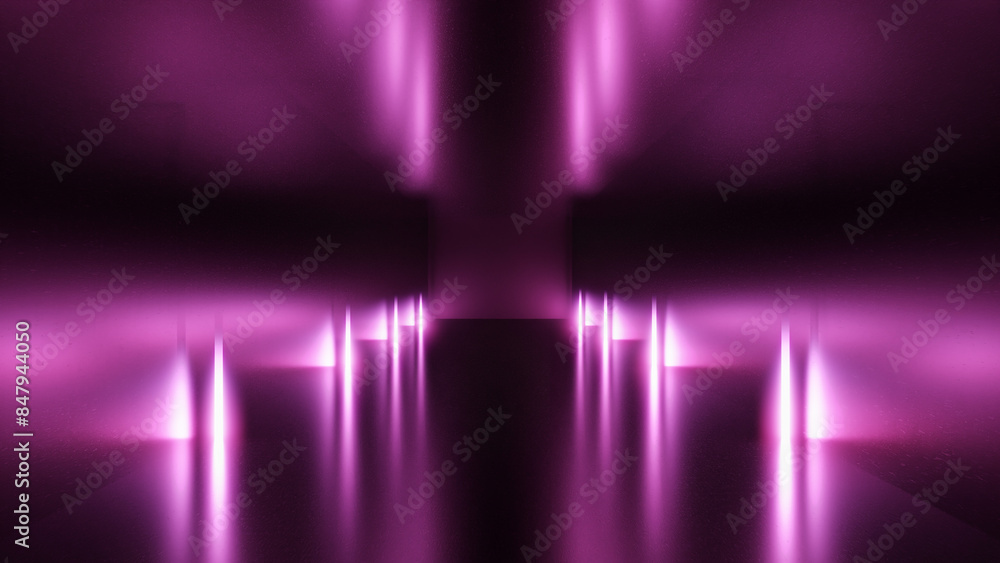 Poster abstract minimal neon background with glowing line. futuristic corridor with light neon background. 