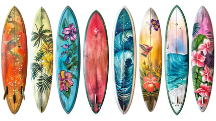 A row of colorful surfboards with various floral and wave designs.