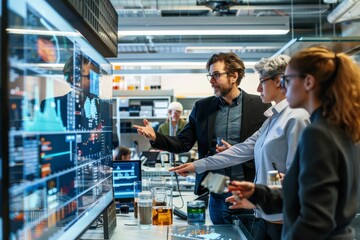 team of scientists in a innovative modern laboratory wearing lab white coats doing medical research