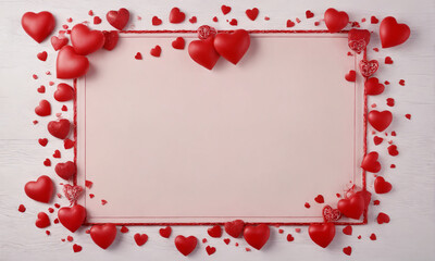 Red hearts surrounding blank card on white wooden background.Valentine's Day, holiday, wedding, engagement.