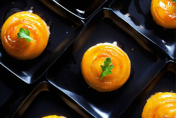 Appetizer bites with orange glaze on black plates