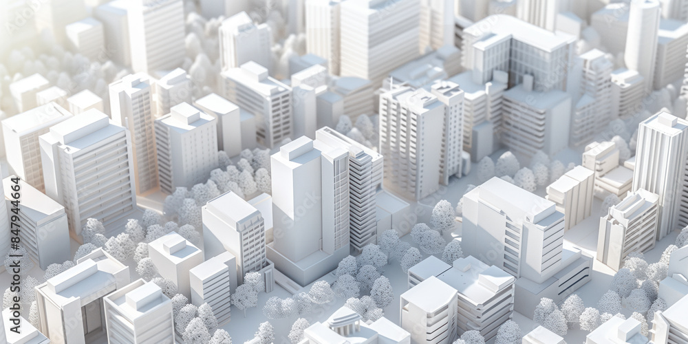 Poster birds eye view of a modern city. urban concept. white clay 3d rendering. created with generative ai 