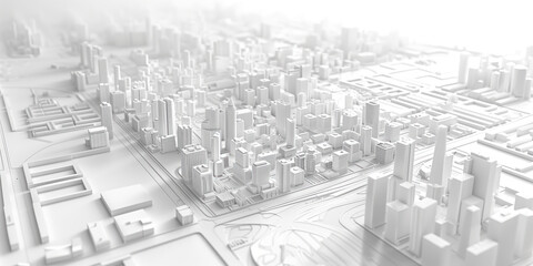 Birds Eye view of a modern city. Urban concept. White clay 3D rendering.  Created with Generative AI technology.
