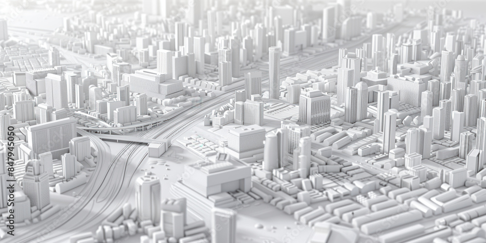 Poster birds eye view of a modern city. urban concept. white clay 3d rendering. created with generative ai 