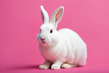Fototapeta premium White rabbit sitting on pink background