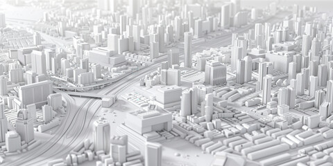 Birds Eye view of a modern city. Urban concept. White clay 3D rendering.  Created with Generative AI technology.