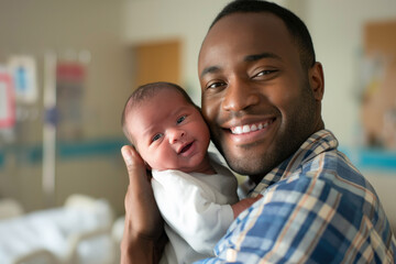 Smiling father holding newborn baby, family bonding concept