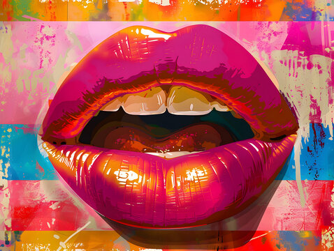 Pink, red lips, mouth and tongue icon on pop art retro vintage colorful background Oil color painting. Generative AI.