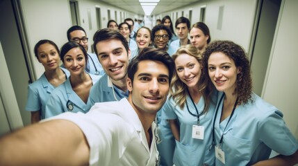 A group of doctors and nurses take selfies in the hospital corridor. TeamWork