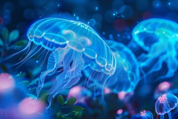 jellyfish in the water glowing with neon blue light underwater with copy space