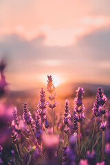 Obraz premium Lavender Blossoms in a Field at Sunset with Soft Pastel Light