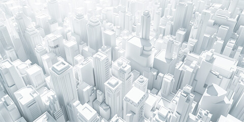 Birds Eye view of a modern city. Urban concept. White clay 3D rendering.  Created with Generative AI technology.