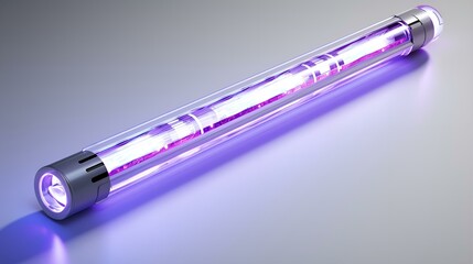 A glowing purple light tube with a bright light shining on it.