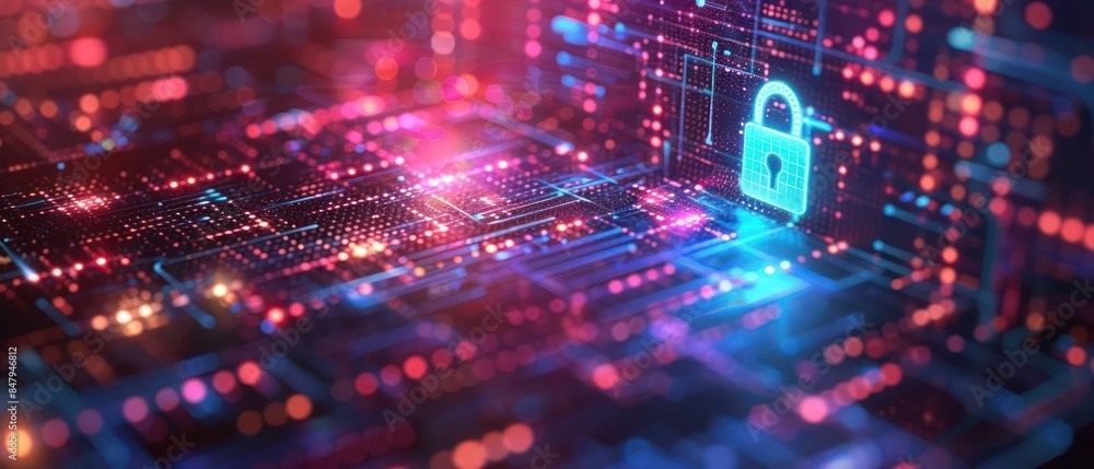 Poster futuristic digital background with glowing circuitry and a secure lock symbol, representing data sec
