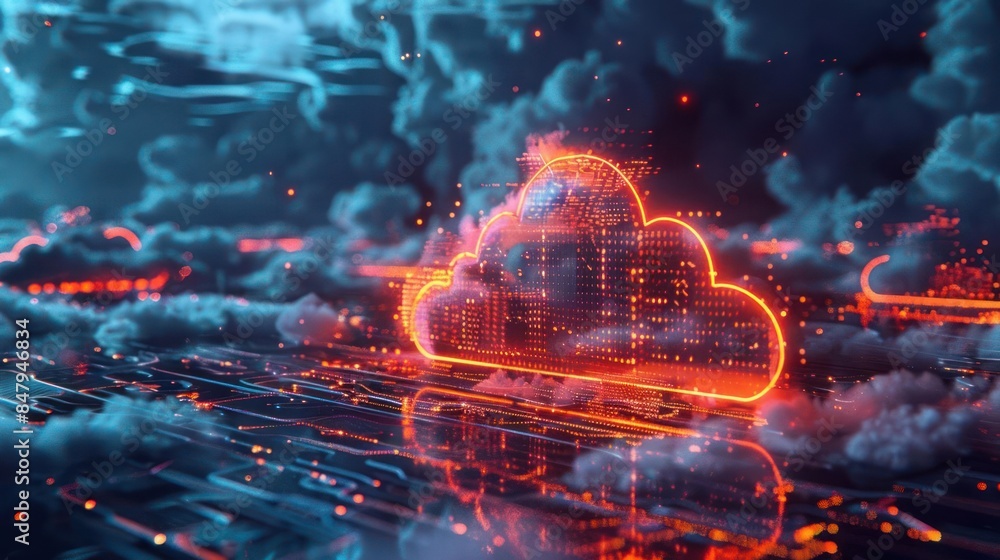 Poster futuristic glowing cloud symbolizing digital technology and computing innovation in a high-tech envi