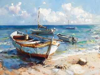 Sea, boats, fisherman Oil color painting. Generative AI.