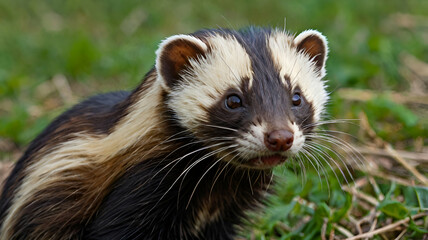 The stripped polecat closeup photo Skunks are mammals in the family Mephitidae. They are known for their ability to spray a liquid with a strong,landscape forest green grass background GENERATE AI,
