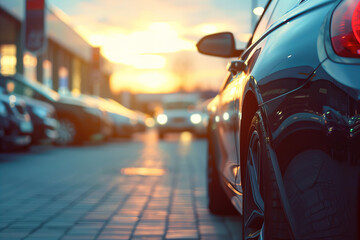 Naklejka premium Back of car parked outdoor in line neatly in the parking lot outside at sunset.