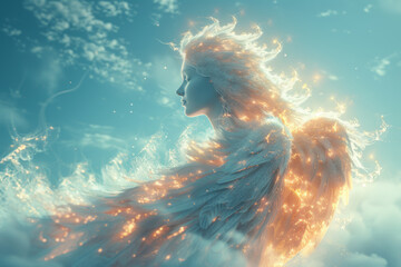 Angel flying in the sky. Angel-shaped cloud. The departing soul