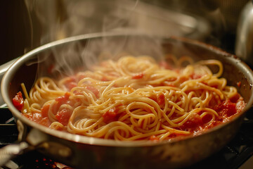 Cooking and stirring the spaghetti with red tomato sauce in the frying pan.