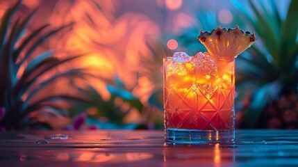 An enticing glass of tropical cocktail bathed in warm, ambient light