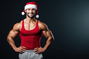 Muscled Man in Santa Hat Posing in Muscle Tee on Black Background